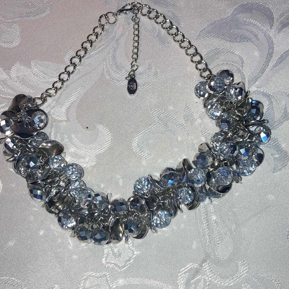Set Silvertone & crystal beads, heavy necklace w/ matching pair earrings $39